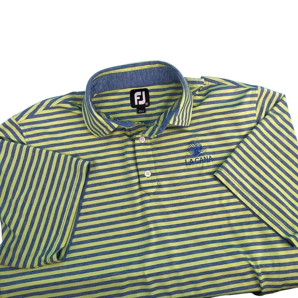 Footjoy Shirt Men's Medium‎ Golf Polo Striped FJ Lime Blue LACANA Course Logo